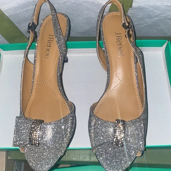 J. Renee Sz 9.5 N Narrow Slingback Peep Toe Metallic Silver Sparkle - Picture 2 of 6